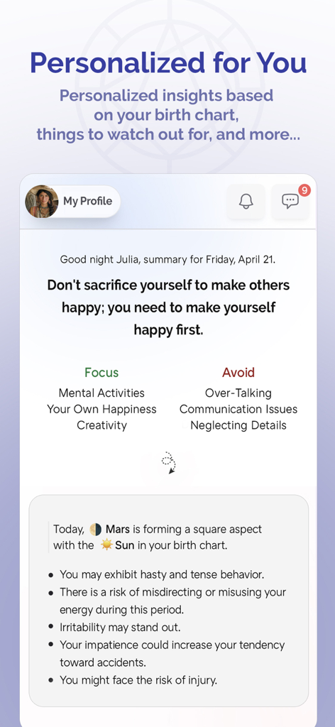 Daily personalized astrology insights and birth chart transit interpretations in the Ms Astro app.