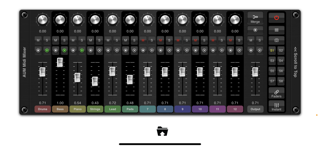 MidiMixer for AUM Auv3 Plugin - AUM用のMidiMixerインターフェース。12チャンネルフェーダーとミキサースナップショットを表示。