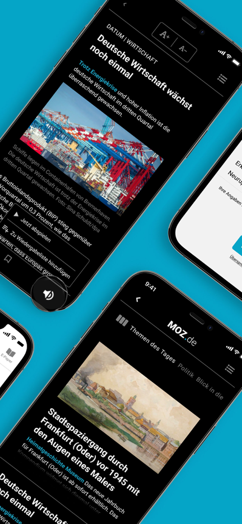 MOZ.de - Multiple iPhone screens displaying the MOZ.de news app with German regional headlines and a read aloud icon