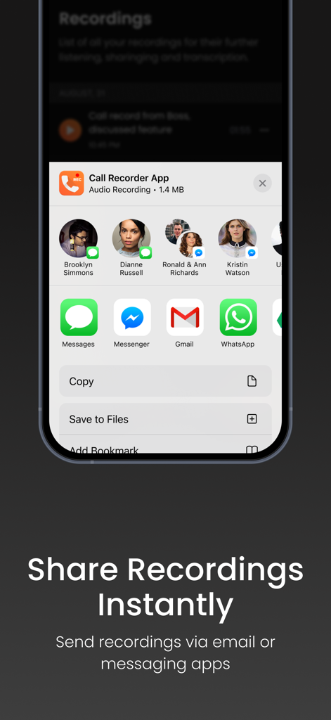 iPhone上の通話レコーダーアプリの共有機能を示し、録音ファイルをメッセージングアプリやメールで送信するスクリーンショット