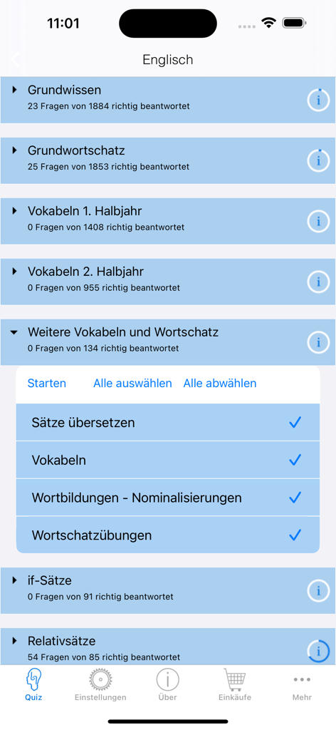Schlaukopf - Interfaccia dell'app Schlaukopf che mostra un elenco di argomenti di apprendimento della lingua inglese e categorie di quiz.