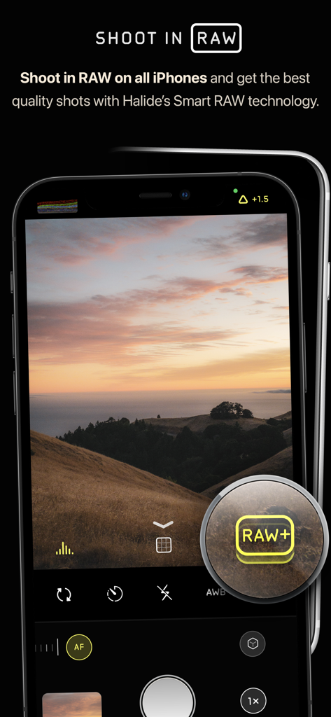 Halide Mark II - Pro Camera - Interfaz de la aplicación de cámara profesional Halide que muestra el modo de disparo RAW y un paisaje de atardecer