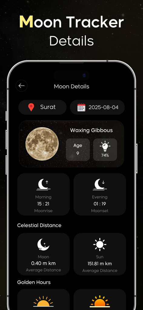 Interfaccia di un'app mobile che mostra informazioni dettagliate sul tracciatore lunare, inclusa la fase lunare, l'illuminazione e gli orari di levata della luna