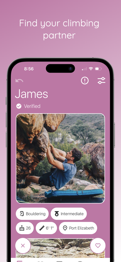 Boulder: Date a Climber - A user profile on the Boulder dating app showing a climber named James with his bouldering interests and photo