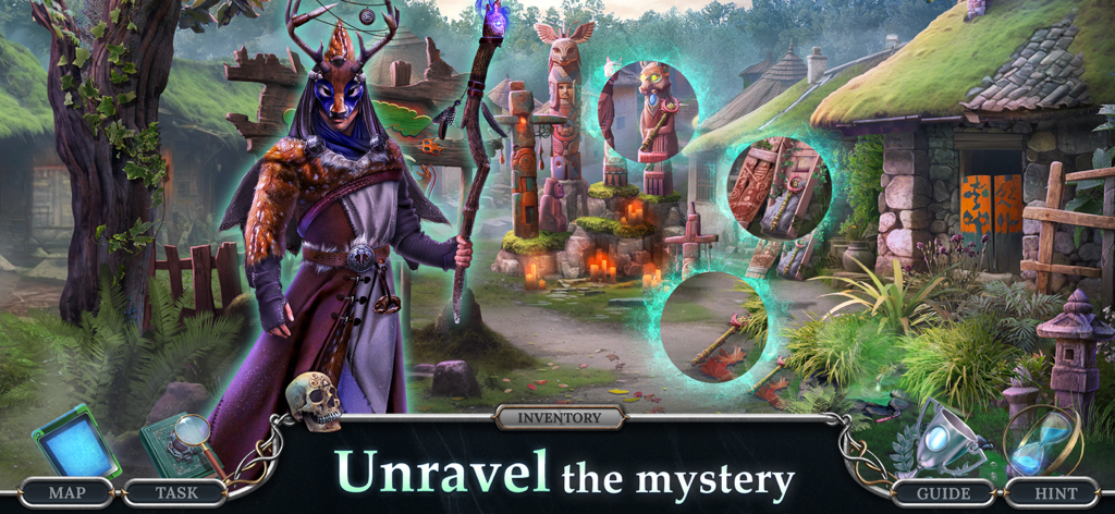 Detectives United 7: Adventure - A mysterious character in a beast mask stands in a village with totem poles in Detectives United 7 Adventure