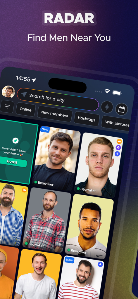BEARWWW dating app interface showing the radar screen with local male profiles and search filters.