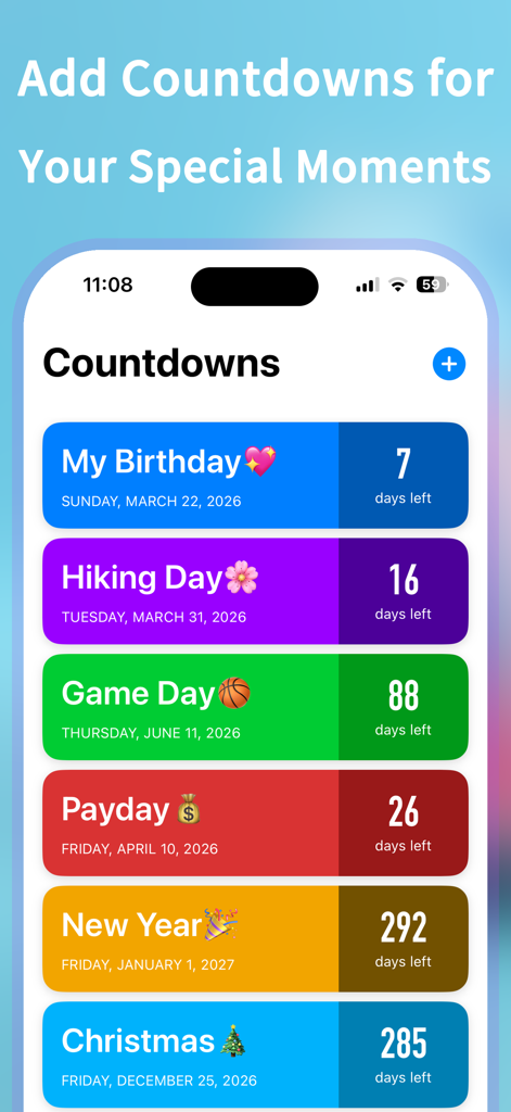 Clock Widget - Ultra HD Time - Screenshot of the countdown feature in the Clock Widget app showing colorful blocks for tracking birthdays and holidays