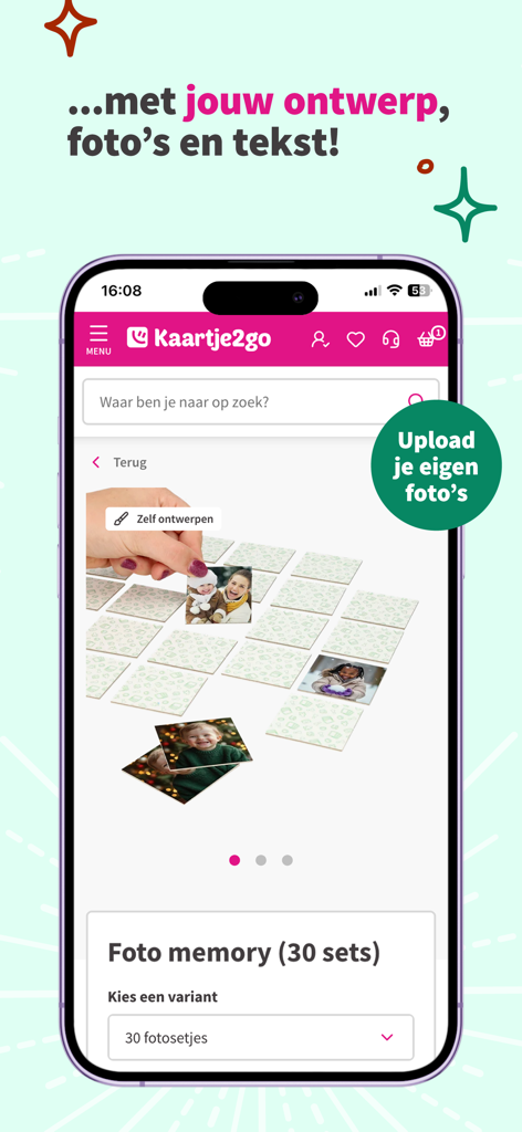 Oberfläche der Kaartje2go-App zum Erstellen eines personalisierten Foto-Erinnerungsspiels mit persönlichen Fotos