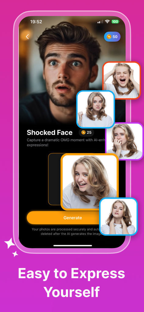 AI Video Edit Maker - Touchify - Smartphone screen showing the Touchify app interface for generating AI-powered facial expressions like a shocked face.