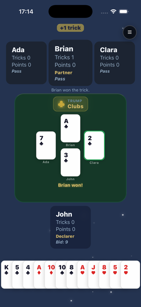 Amerikaner! - Gameplay screen of the Amerikaner trick-taking card game showing players and the current round of cards.