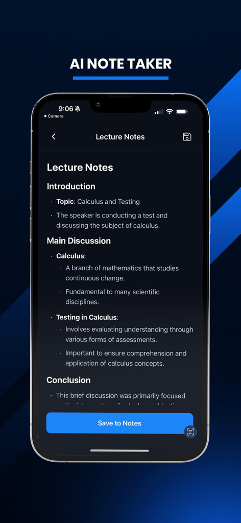 Interface of QuizMate app showing AI generated lecture notes for a calculus study session