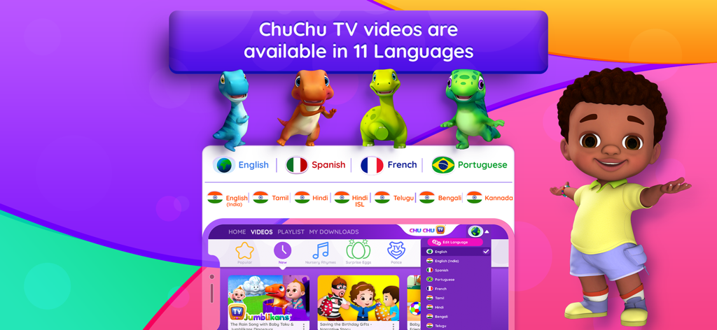 A promotional image for the ChuChu TV app showing that its educational nursery rhyme videos are available in eleven different languages.