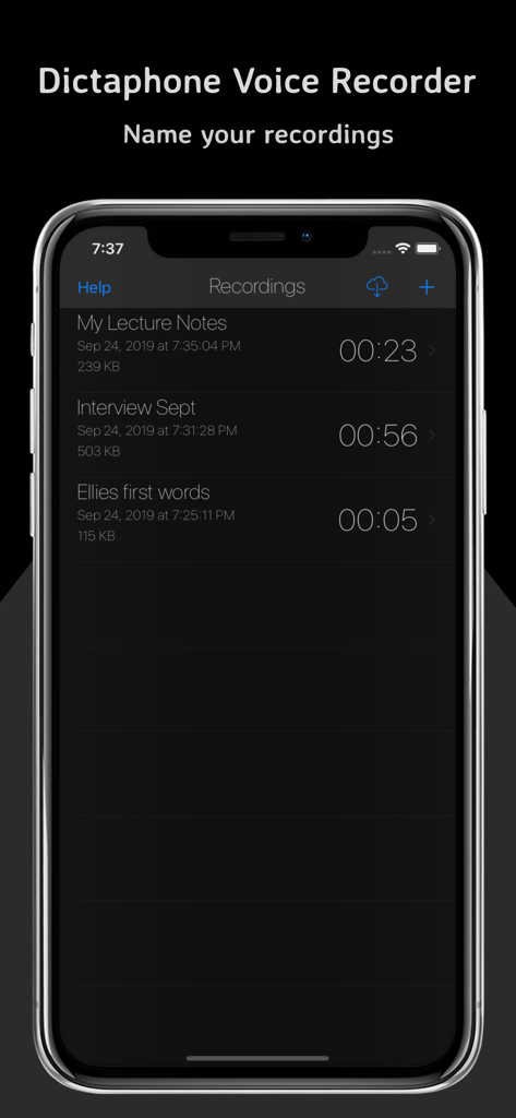Dictaphone Voice Recorder - iPhone screen displaying a list of named audio recordings in the Dictaphone Voice Recorder app