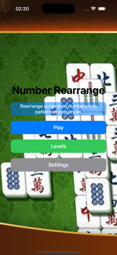 Number Rearrange - The main menu screen of the Number Rearrange puzzle game with a Mahjong tile background and a play button.