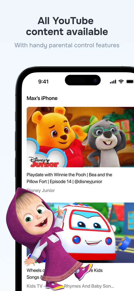 Interfaccia dell'app Kids TV che mostra popolari cartoni animati di YouTube con funzionalità di controllo parentale per una visione sicura.