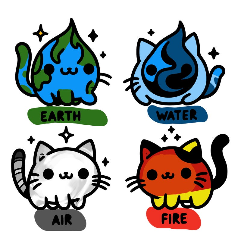 4 cats that represent the different elements, earth, water, air, and fire