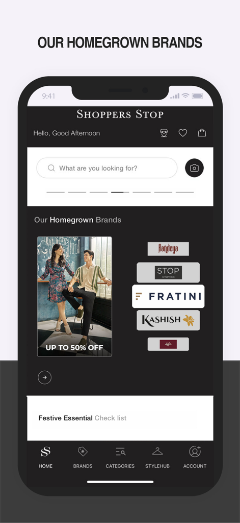 Shoppers Stop Fashion Shopping - インドの自国ファッションブランドとお得な情報を紹介するShoppers Stopアプリのインターフェース