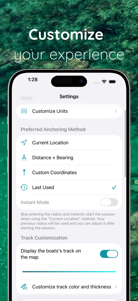 Hooked: Remote Anchor Alarm - Pantalla de configuración de la aplicación Hooked Remote Anchor Alarm que muestra opciones de personalización para métodos de anclaje y visualización de la ruta