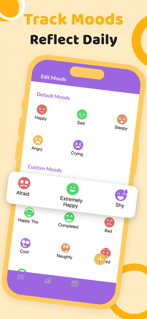 Digital Journal Diary app interface for tracking moods with colorful emoji icons