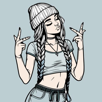 realistic teenage girl with braids and a beanie and crop top doing 🫶🏼
