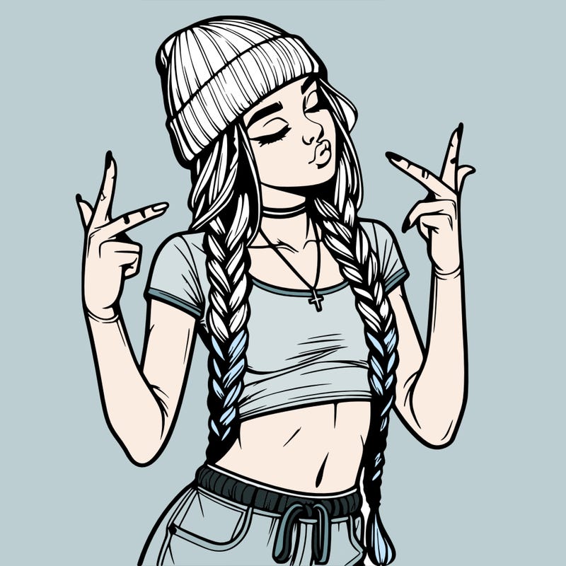 realistic teenage girl with braids and a beanie and crop top doing 🫶🏼