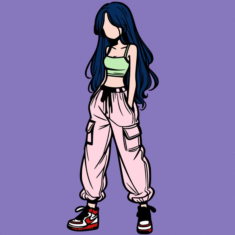 girl in baggy pants crop top and long hair