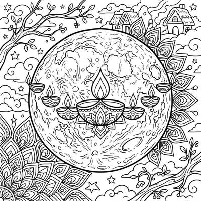 Immerse yourself in a magical fusion of cultures with this delightful coloring page, blending the festive glow of Diwali with serene cottagecore charm. Discover a unique celestial scene, perfect for artistic expression and mindful relaxation.