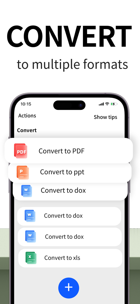 Scanner Pro app screen showing document conversion options for PDF PPT DOCX and XLS