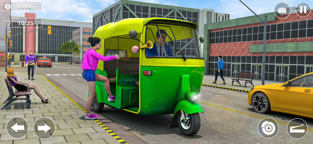 Tuk-Tuk Auto Rickshaw Games - A green and yellow tuk tuk rickshaw picking up a passenger in a city simulation game