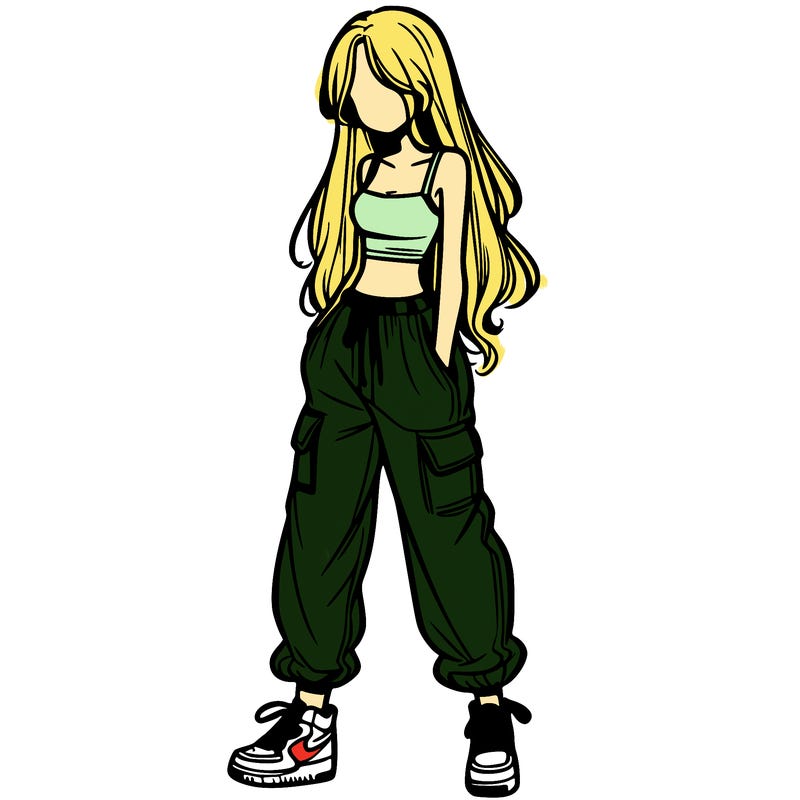 girl in baggy pants crop top and long hair