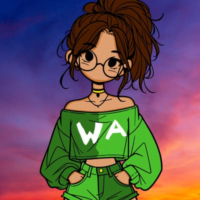 girl with a messy ponytail glasses a baggy crop top and jean shorts