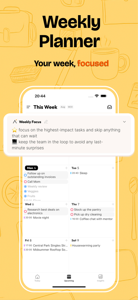 Calflow weekly planner screen showing daily tasks and weekly focus goals.