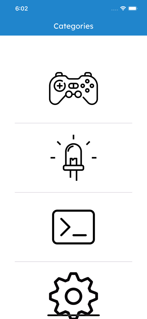 Interface de l'application Contrôleur Bluetooth affichant les catégories pour le mode manette, le contrôle LED, le terminal et les paramètres.
