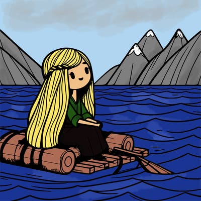 a girl with long hair sitting on a raft in the middle of the ocean