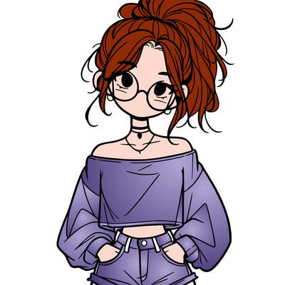 girl with a messy ponytail glasses a baggy crop top and jean shorts