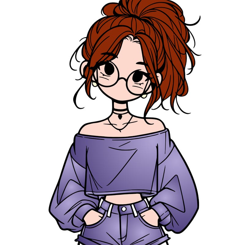 girl with a messy ponytail glasses a baggy crop top and jean shorts