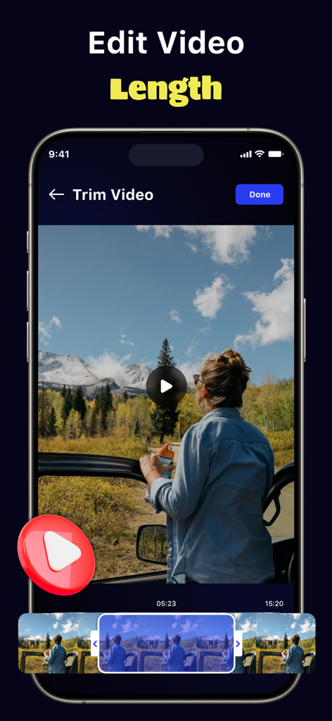 Interfaz de smartphone mostrando la herramienta de recorte y edición de duración de vídeo en la aplicación TubeMate