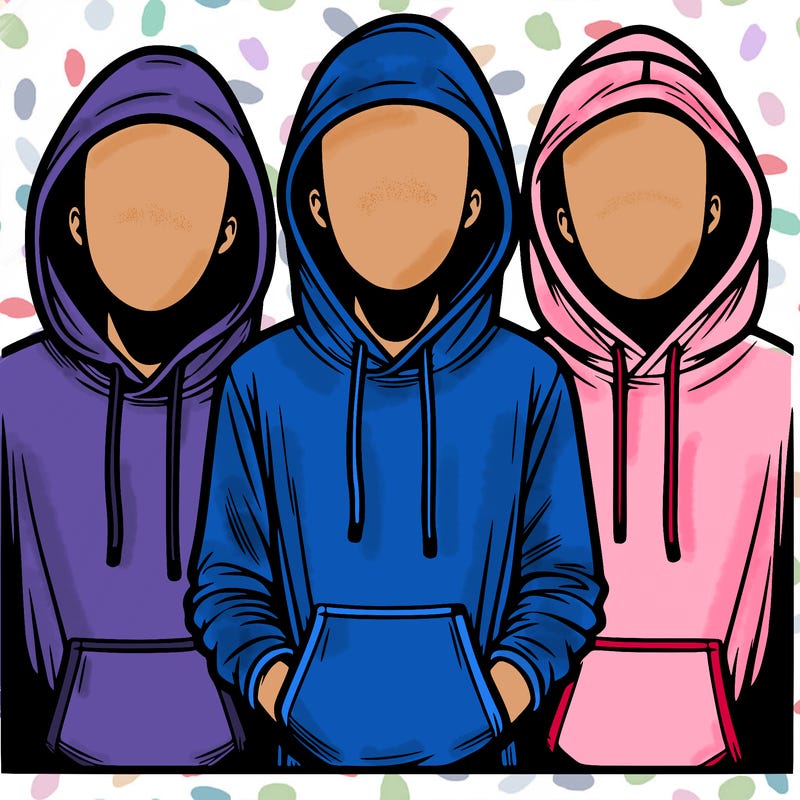 3 faceless people in  hoodies