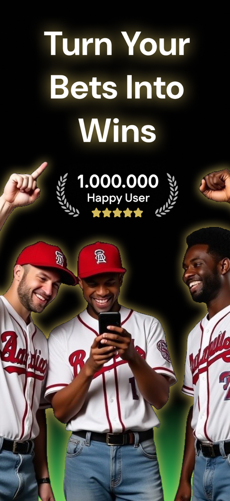 Drei Sportfans in Baseballuniformen schauen auf ein Telefon mit dem Text Turn Your Bets Into Wins