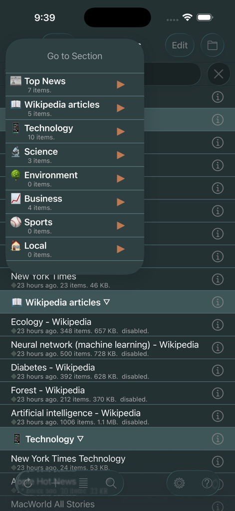 Speak News - RSS news reader - Interface de l'application Speak News affichant le menu de navigation « Aller à la section » avec des catégories d'actualités telles que Actualités à la une et Technologie en mode sombre
