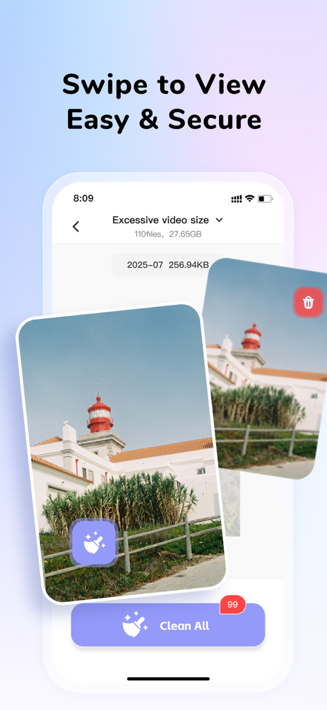 CleanEasy: Memory Manage - CleanEasy app interface showing how to swipe through and clean large video files to free up phone storage