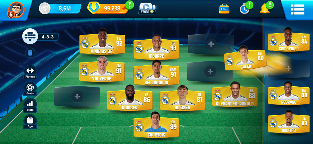 Tactical 4-3-3 formation in Online Soccer Manager featuring famous soccer players