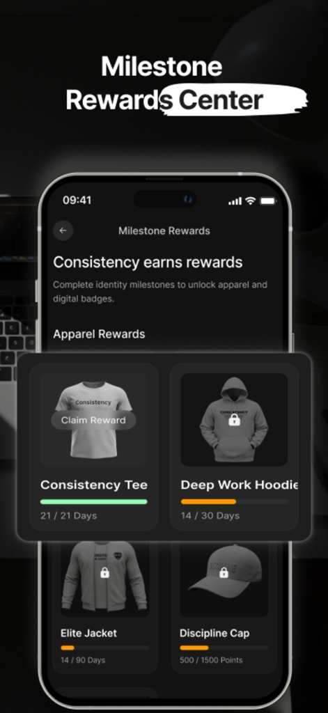 The LockedIN Mindset - The LockedIN Mindset app Milestone Rewards Center screen showing apparel rewards like a Consistency Tee and Deep Work Hoodie for completing mindset goals.