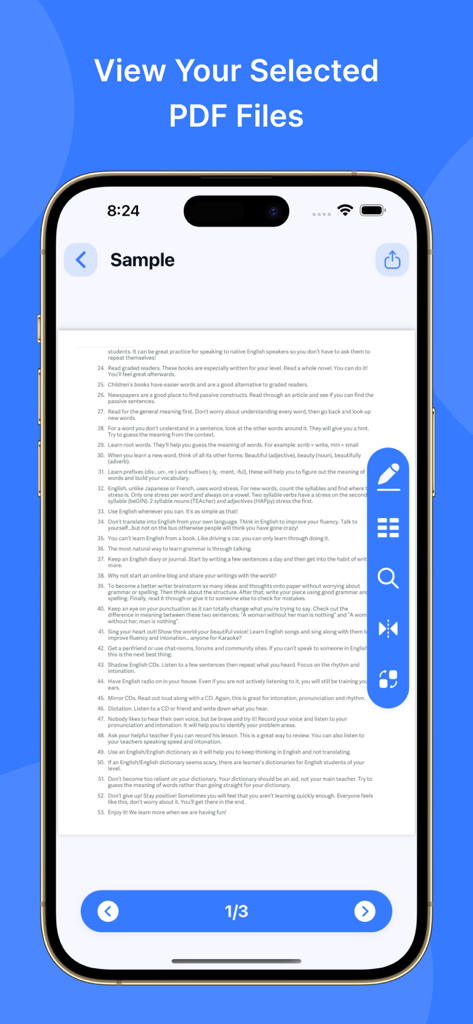 PDF Viewer: Easy PDF Viewer - Screenshot of the PDF Viewer app on a smartphone displaying a document with page navigation and reading tools