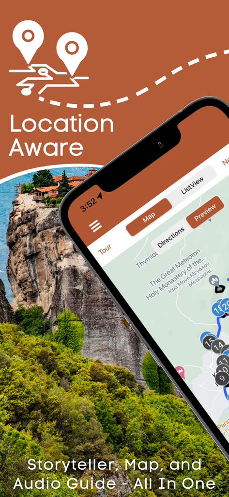 Meteora Monasteries Audio Tour - Meteora Monasteries Audio Tour app interface featuring a GPS map and scenic cliff views