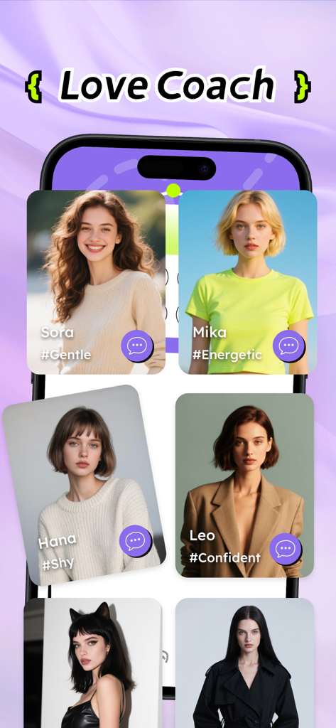 Lovint app interface showing various Love Coach profiles with personality tags like gentle energetic shy and confident