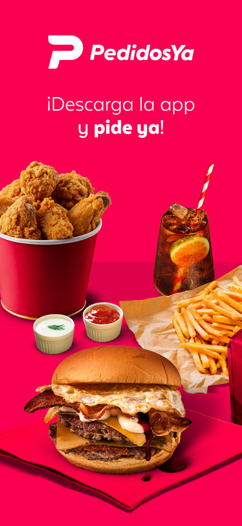 PedidosYa - Food Delivery - Banner de la app móvil PedidosYa que muestra una hamburguesa con doble queso y tocino, un cubo de pollo frito, papas fritas y una bebida fría sobre un vibrante fondo rosa.