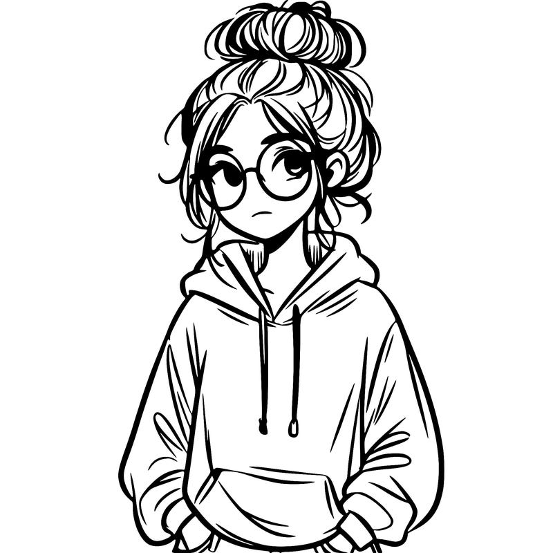 teen girl with a messy bun and glasses wearing a loose hoodie and jeans