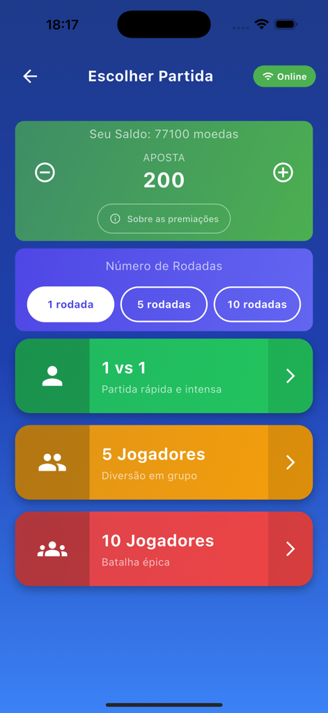 Adedonha Online match selection screen with betting and player count options