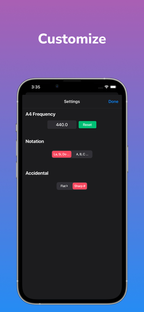 Settings screen of the Baglama Tuner app showing customization options for A4 frequency and musical notation